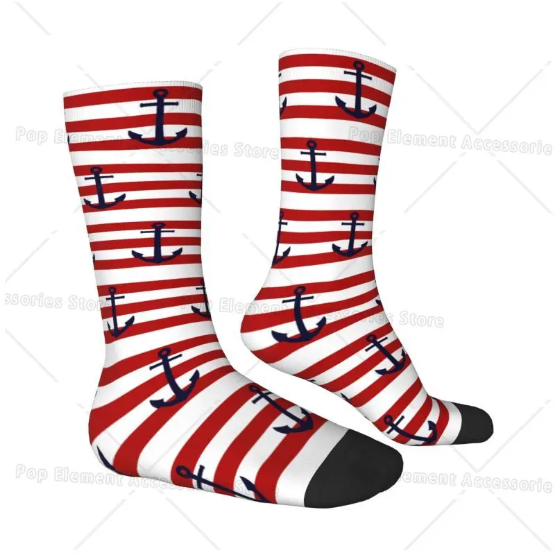 Cute Nautical Navy Blue Anchor On Red Stripes Socks Men Women Warm 3D Printed Sailing Sailor Football Sports Socks