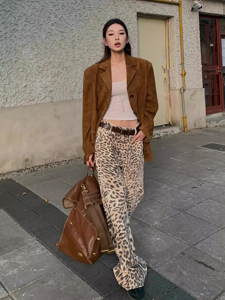 WCFCX STUDIO Leopard Print Womens Jeans High Waist Vintage Hip Hop Casual Straight Pants Streetwear Wide Leg Denim Trouser