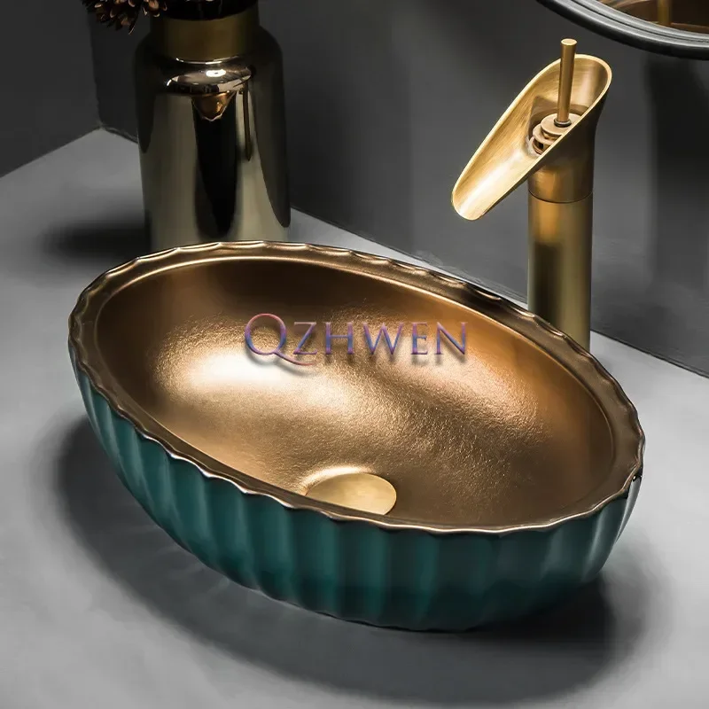 

Nordic Green and Gold Bathroom Sink Round Oval Ceramic Washbasin Hotel Luxury Countertop Sink for Washroom Art Basin 46cm/39cm