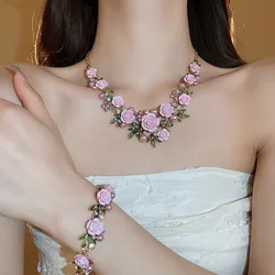 Romantic Rose Flower Necklace Bracelet Stud Earrings Jewelry Set Women's Fashion Pink Purple Choker Necklace for Party Wedding