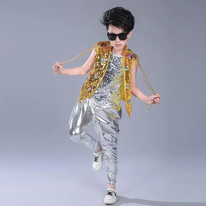 Kids Sequined Hip Hop Outfits Girls Jazz Tap Dancing Tops+Pants Boy Child Dance Stage wear Ballroom Party Dancewear Costumes