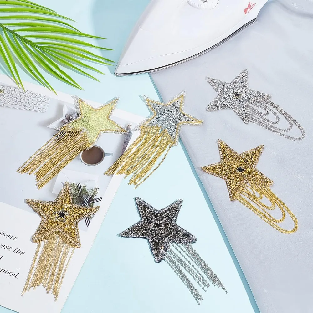 6 Colors Star Iron On Patches Rhinestone Clothes Patches Sparkling Star Appliques Fashion Tassel Star Iron on Patch with Chains