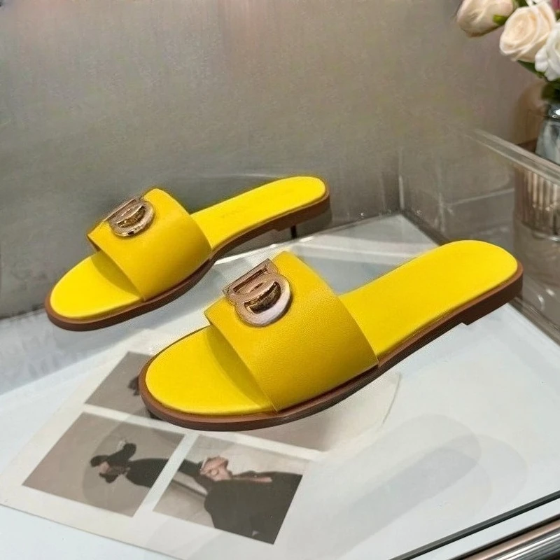 

Women's 2026 Metal Letter Cutout Sandals, Genuine Leather Flat Slides, European Beach Slippers. Fast & Free Delivery Now