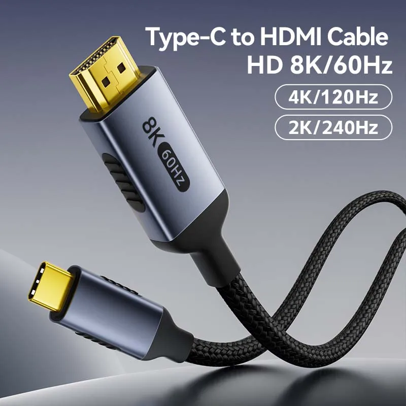 8K Type-C to HDMI2.1 Cable 8K@60Hz 4K@240Hz/120Hz/60Hz HDR HDCP VRR ALLM for TV Display Projector Mac OS windows IOS ipad iphone