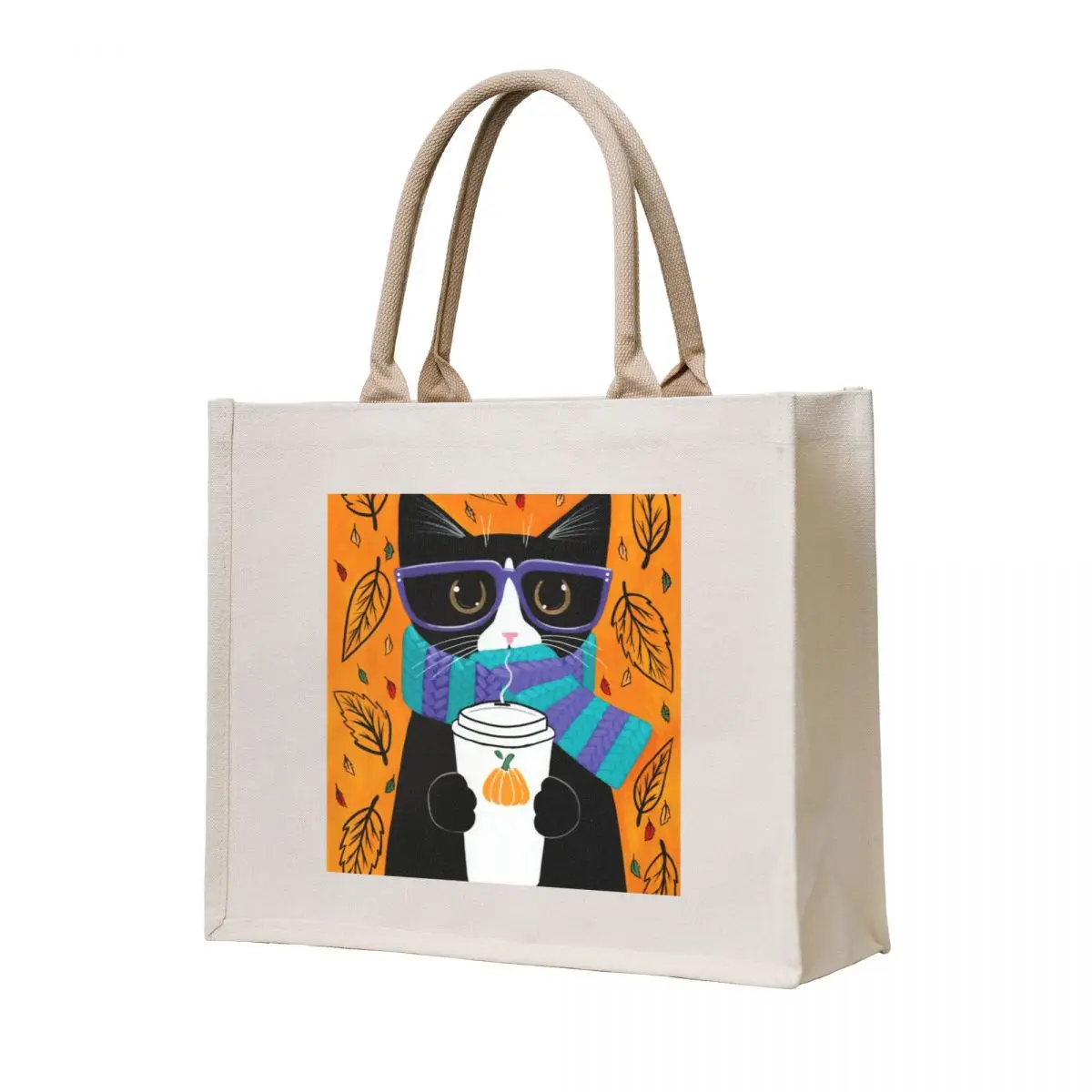 

Autumn Tuxedo Coffee Cat Tote Bag shopping cart bags Canvas shoulder bag Woman shopper bag luxury women