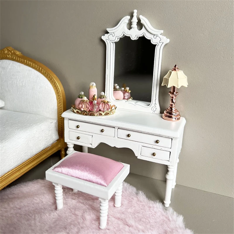 1Set 1:12 Dollhouse Simulation Dressing Table Makeup Mirror W/Stool Model Kit Doll House Bedroom Furniture Micro Scene Prop