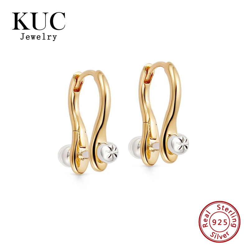 Unique Niche Fine Jewelry for Women 925 Sterling Silver Chic Two Tone Plating Engraved Minimalist Huggie Hoop Earrings