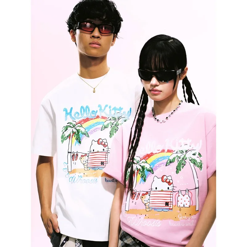

Летняя футболка с короткими рукавами и 3D-принтом Hello Kitty, простая и универсальная, быстросохнущая рубашка с короткими рукавами
