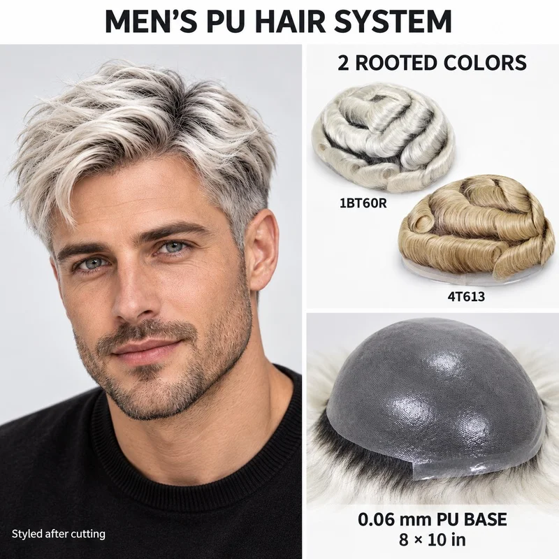 Men's Toupee 0.06mm PU Skin Base 8x10 Inch Hair System Rooted Silver White or Blonde Hair Replacement Piece 1BT60R 4T613