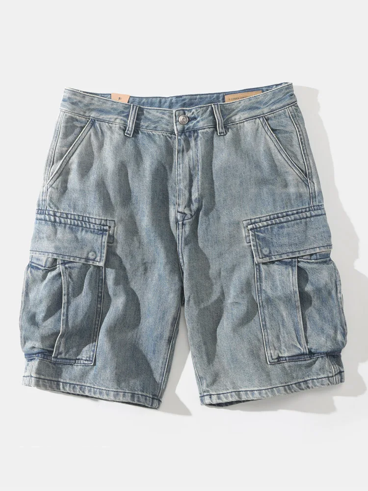

Retro American Washed Denim Shorts Men's Straight Loose Casual Japanese Style Multi-Pocket Workwear Shorts Five-Quarter
