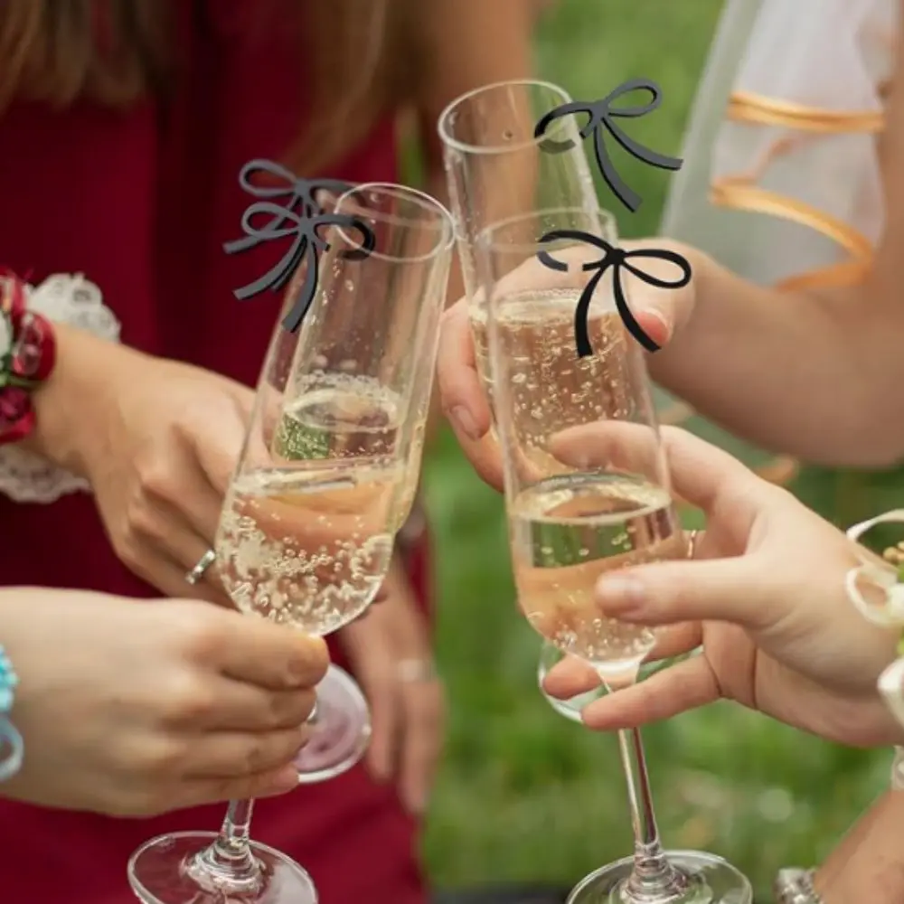 

12pcs Theme Party Supplies Acrylic Bow Drink Tag Black/pink Reusable Bow Cup Tag Bow Goblet Marker Bar