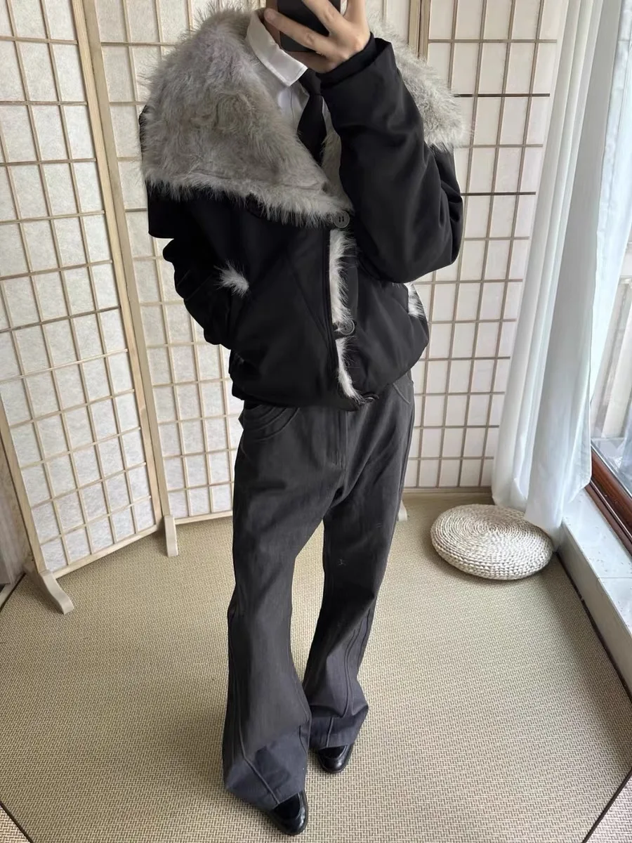 

American Sle Retro Lapel Faux Fur Cotton Jaet ex Winter Design Versatile Bomber Cotton Coat Long Sve Zipper Closure