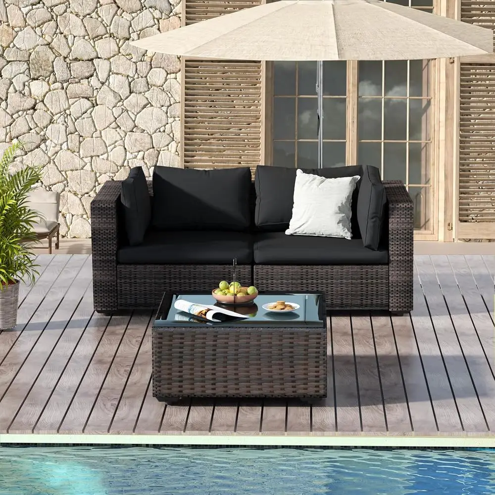 3 Piece Patio urniture Set All Weather PE Rattan Outdoor Sectional Soa Couch with No-Slip Cushions and Glass Top Table or Garden