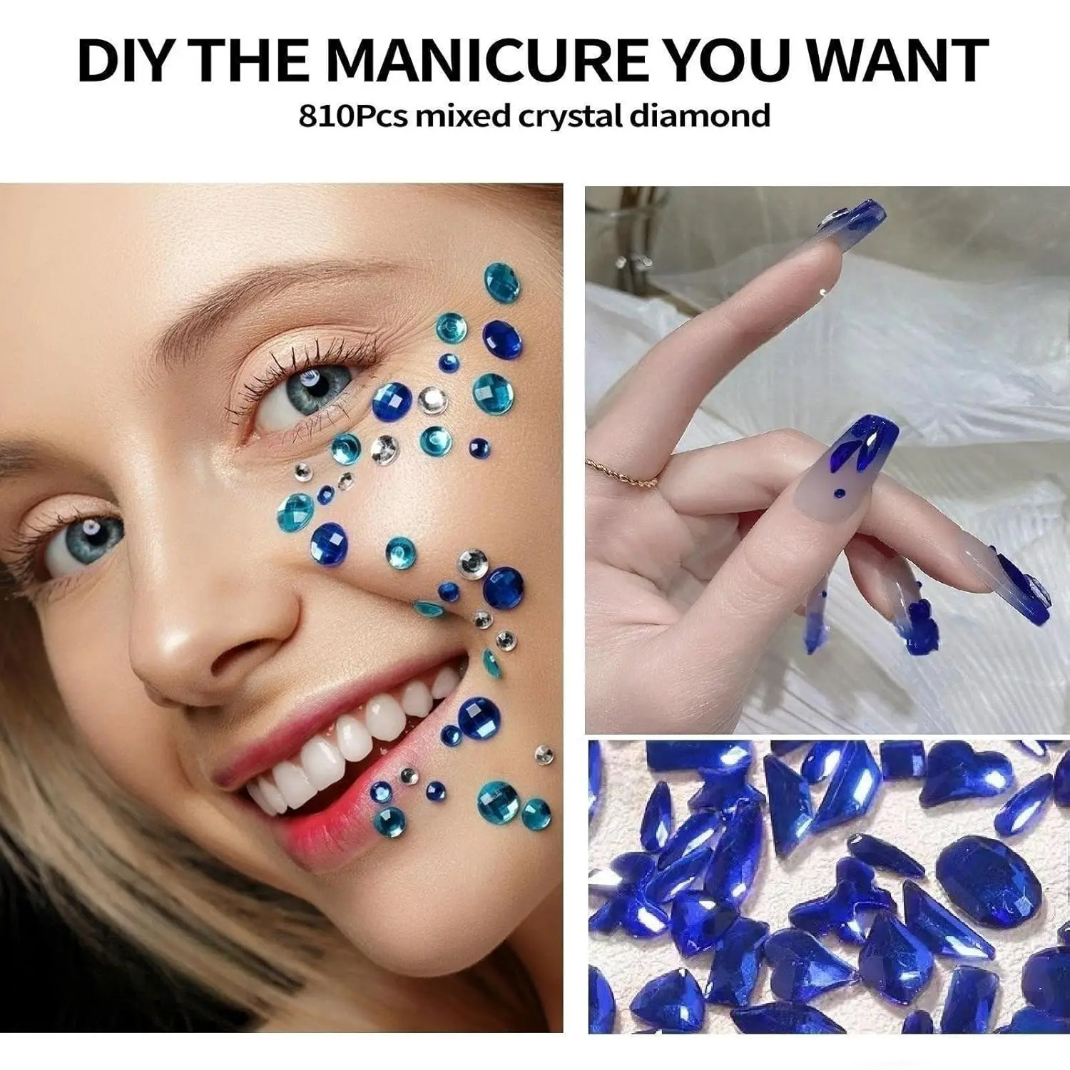 12 grades de strass azul real para decoração de unhas, fundo plano, formato especial, acessórios para unhas com pinça, caneta de broca