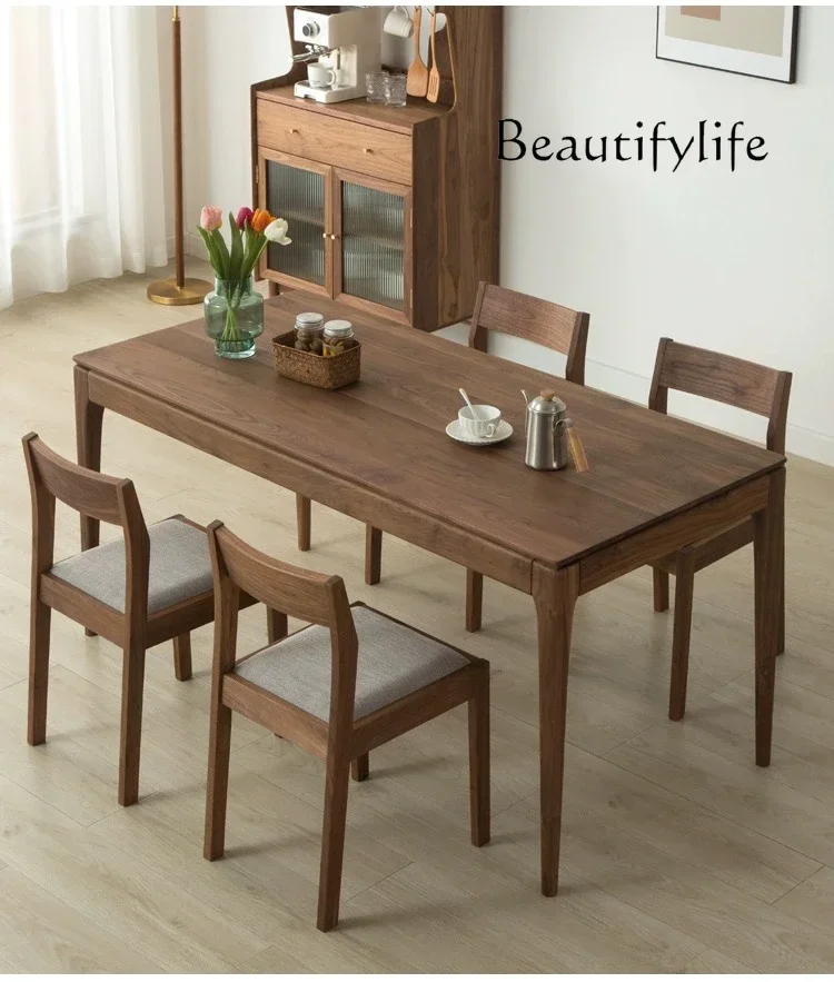 N19 Nordic Black Walnut Dining Tables and Chairs Set Modern Simple Home Solid Wood Rectangular Dining Table