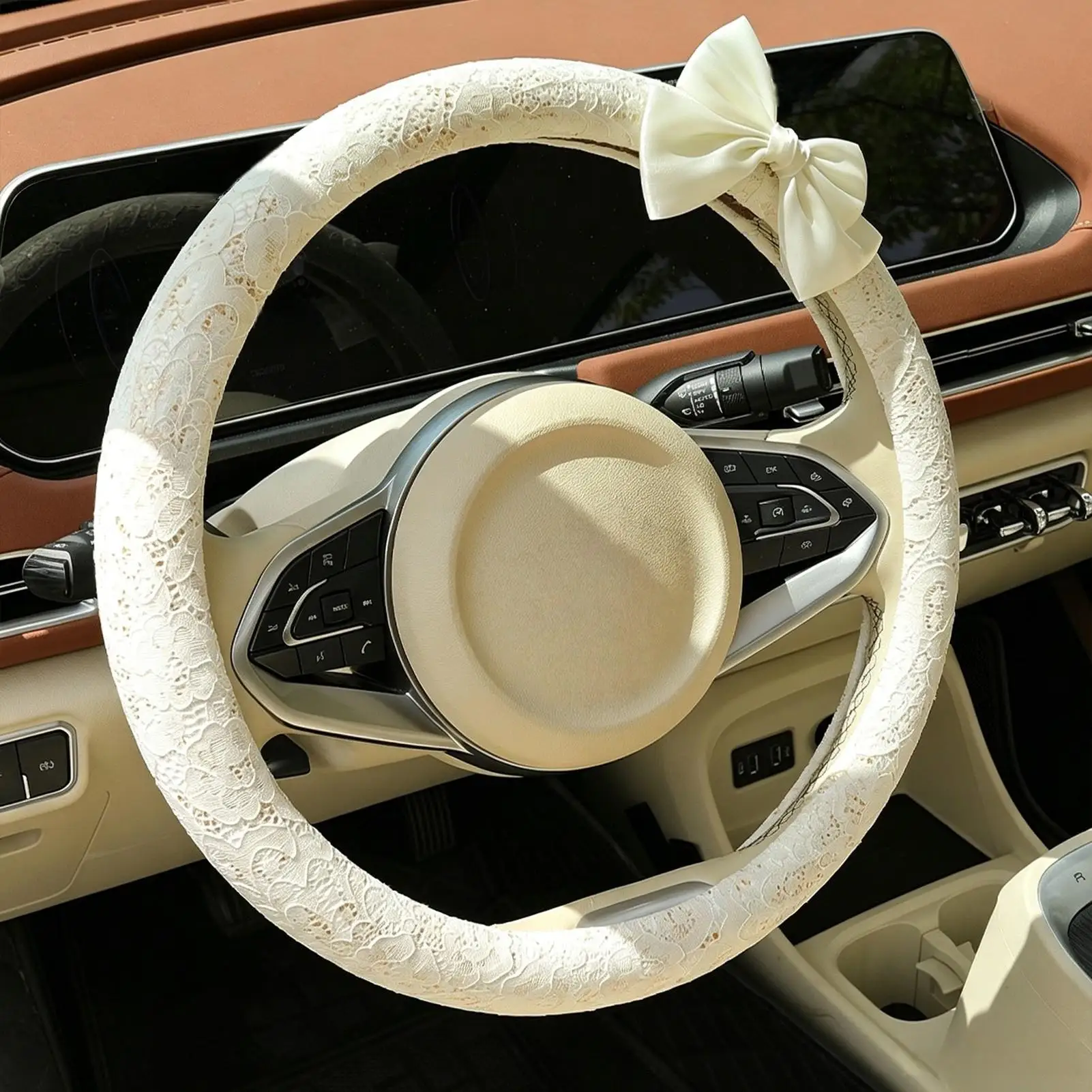 Steering Wheel Cover 15 Inches Lace Pattern Interior Protector Steering Cover With Bow For SUV Truck Road Trip Daily Commute view 4