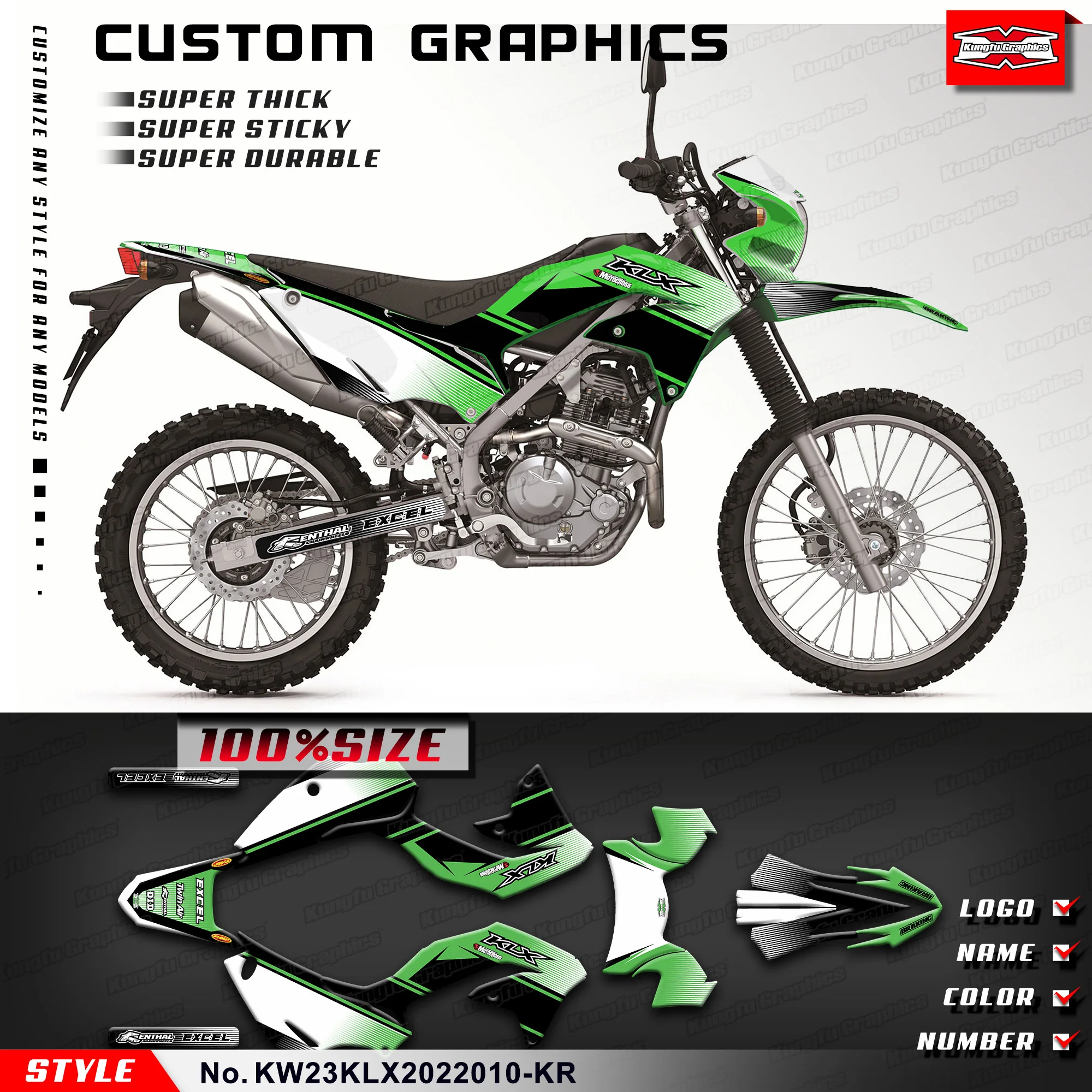 KUNGFU GRAPHICS Adhesive Sticker Laminated Decals Kit for Kawasaki KLX230 2020 2021 2022, KW23KLX2022010-KR