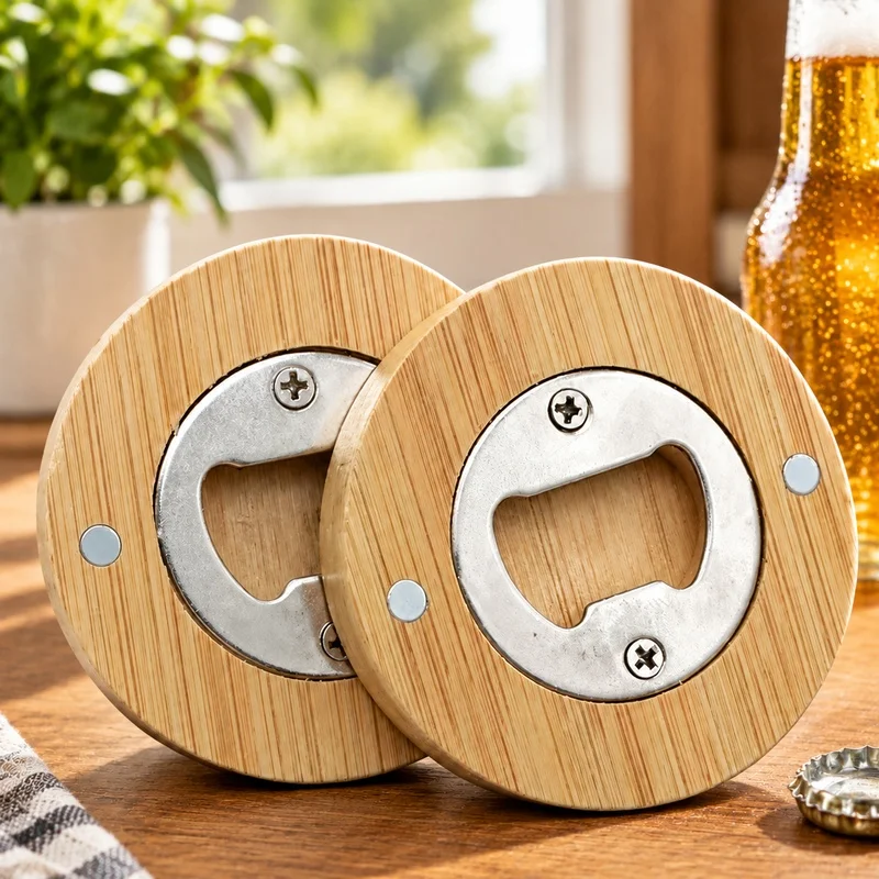 Pack of Bamboo Bottle Openers with Round Magnets for Fridge, Ideal for Parties, Bars, and Home Use - Available in Multiple