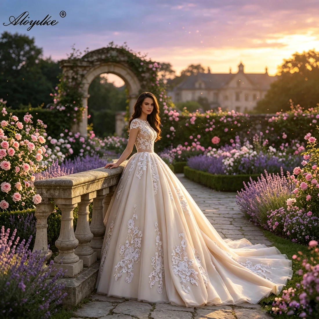 Alonlivn Custom Made Exquisite Beading 3D Embroidery Appliques Ball Gown Wedding Dress Vestido De Noiva O-Neck Bridal Skirts