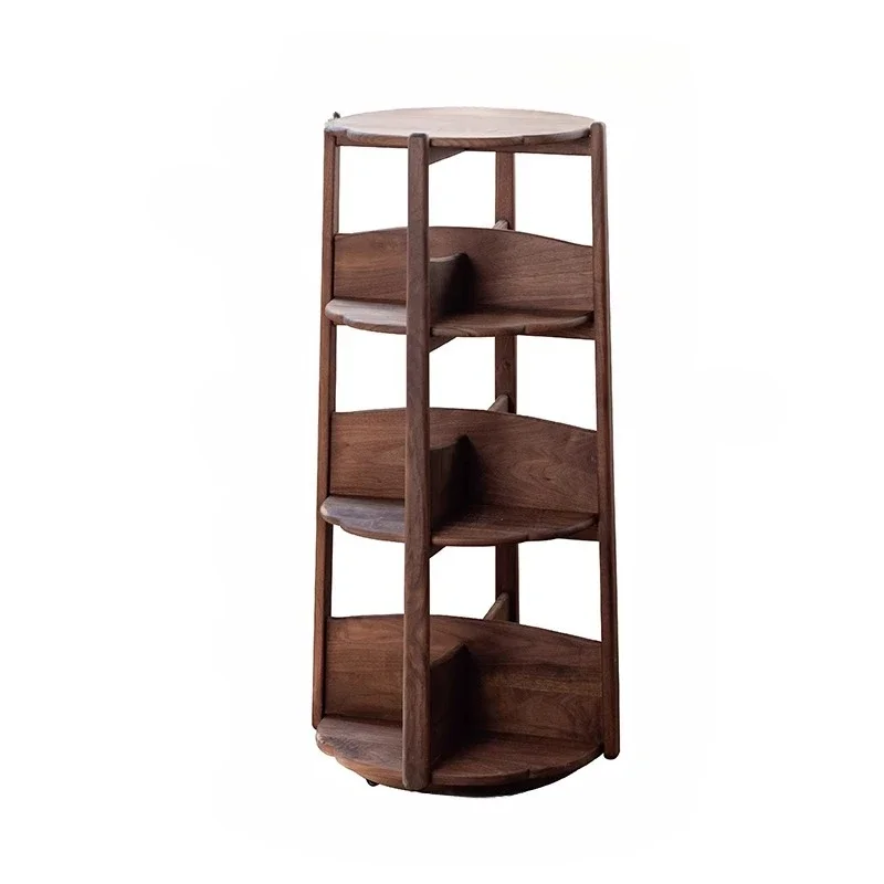 Modern light luxury North American black walnut rotating bookshelf Solid wood special-shaped shelf Living room floor corner