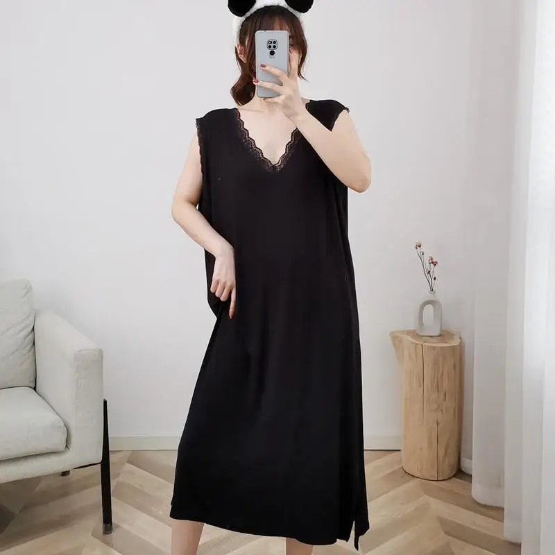 Plus Size 5XL 150kg Summer Long Nightdress V Neck Sleepwear Home Nightshirt Women Causal Sleeveless Sleepwear Loose Ladies Dress