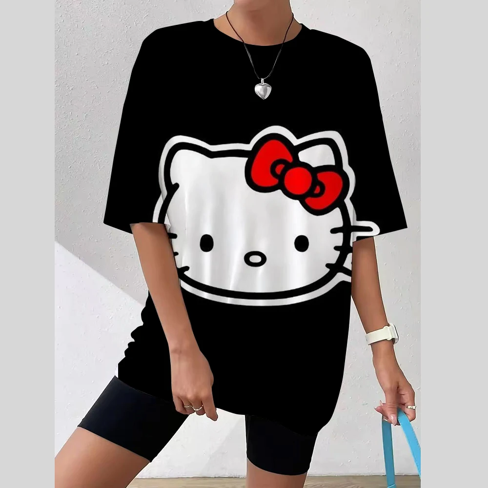 T-shirt da donna Moda Hello Kitty Modello Stampa Top Manica corta T-shirt da donna Estate Casual O-Collo T-shirt Abbigliamento femminile