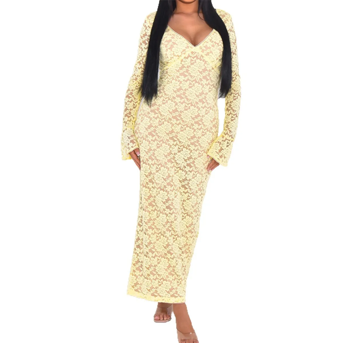 2025 vestido de mujer elegante moda hermosos vestidos de mujer vestidos de noche de fiesta nuevo Y2K Sexy encaje recortado vestido Maxi de manga larga