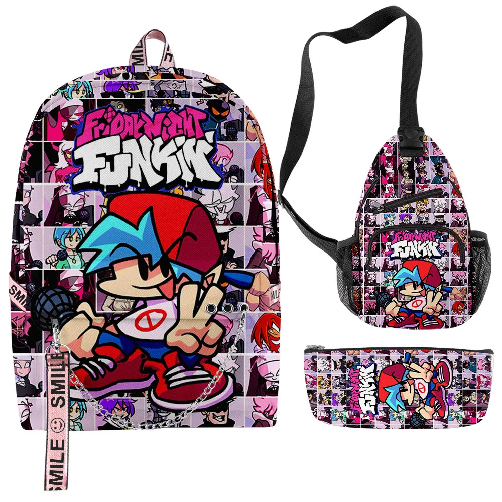 

Luxury Novelty Cool Friday Night Funkin 3D Printed 3pcs/Set School Bags multifunction Travel Backpack Chest Bag Pencil Case