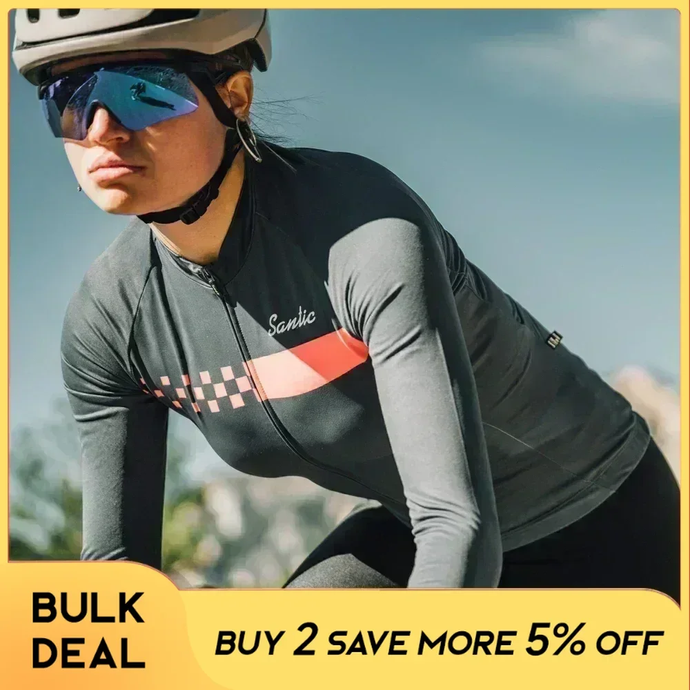 Santic Cycling Jersey Womens Long Sleeve Fleece Outerwear Tops MTB Bike Riding Jackets Windproof Outdoor Warmer Bicycle Clothing