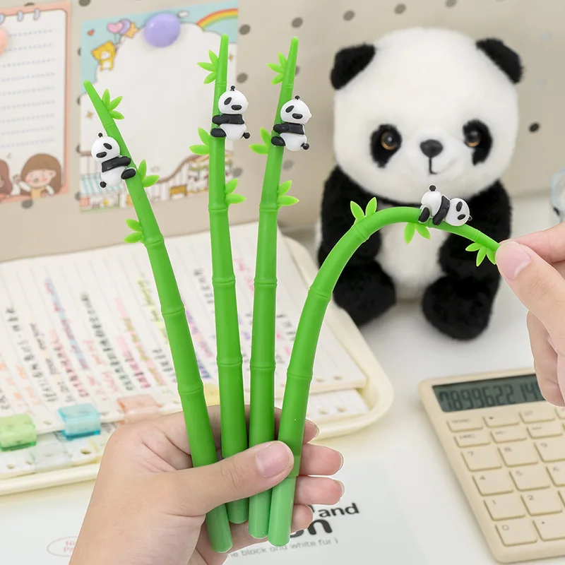 

12 шт., гелевая ручка с рисунком панды, держащая бамбуковую стойку, креативная силиконовая бамбуковая панда, студенческие письменные принадлежности