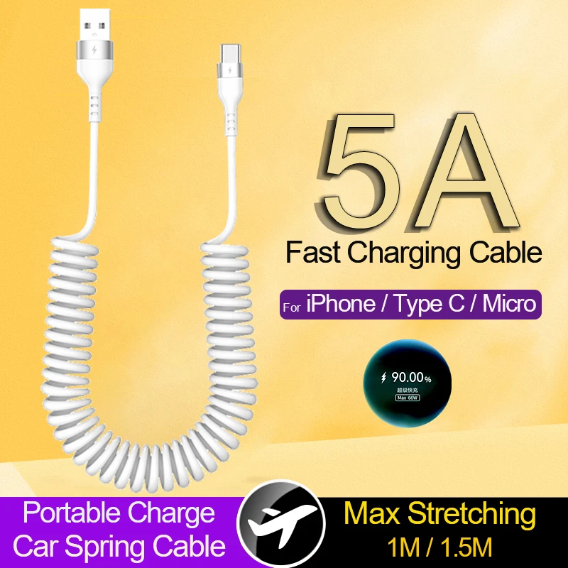 Kabel USB C Pengisian Daya Cepat 66W 5A Kabel Mobil Pegas USB Mikro 3A untuk Xiaomi Redmi POCO Huawei Honor Aksesori Ponsel Samsung