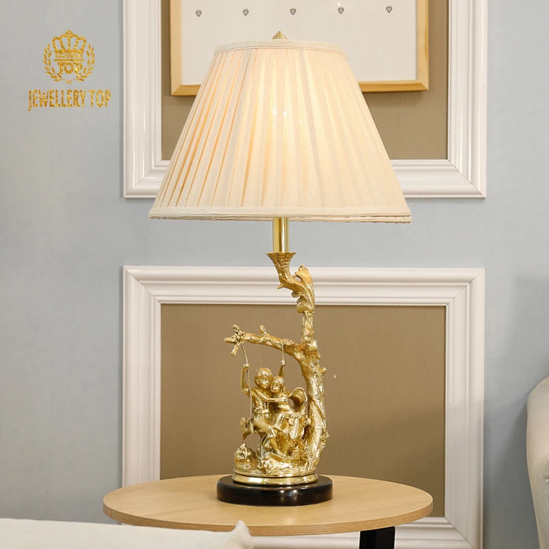

Jewellerytoy Creative Romantic Design Hotel Bedside Table Light Classic Antique Brass Base Fabric Lampshade Table Lamp