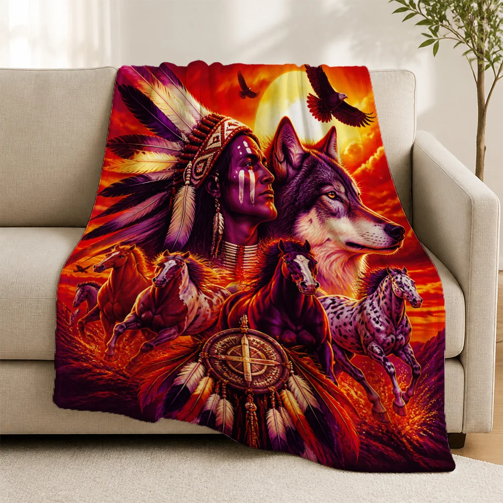 Statement Tribal Throw Blanket Wolf Warrior Bohemian Sofa Decor Couch Art Mythology Print Large Size Cozy Home Gift
