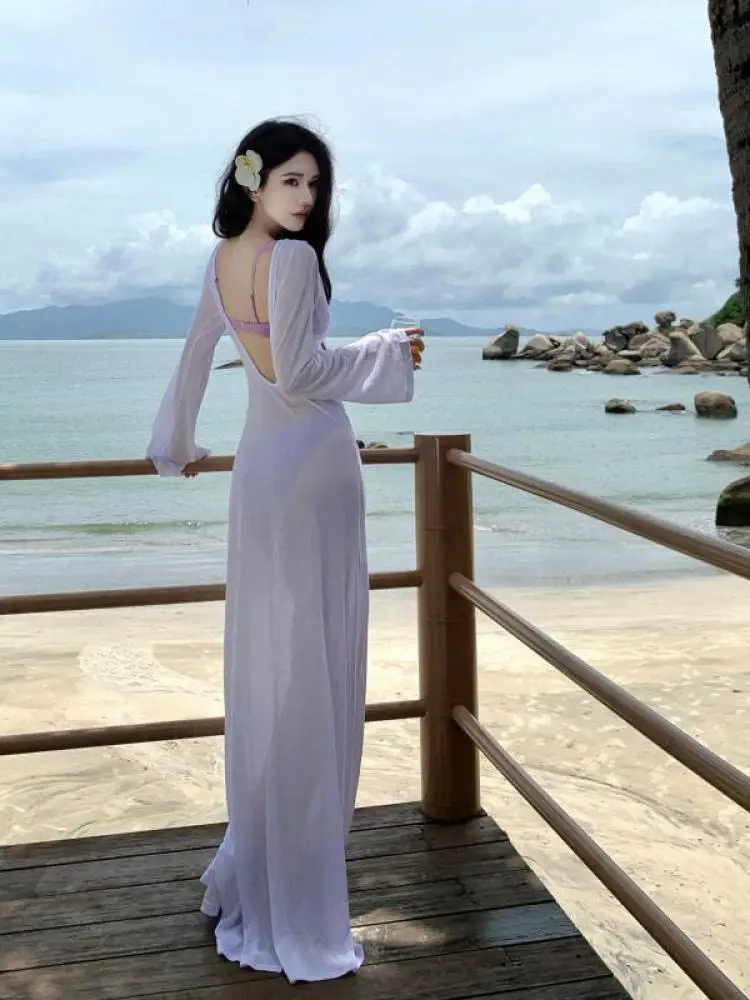 Summer Autumn Purple Temperament Elegant Off Shoulder Backless Dress Women Sexy Club Long Sleeved Slim See Through Dress Fashion