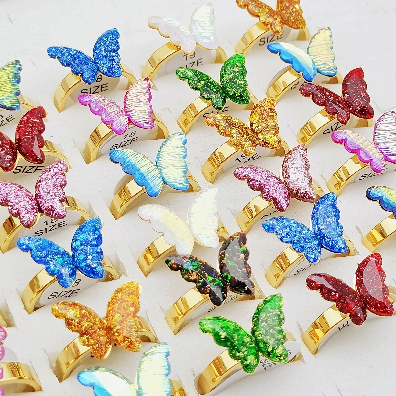 24Pcs/Lot Vivid Acrylic Butterfly Mixed Color Stainless Steel Rings For Women Fashionable Jewelry Party Gift Sizes 7-10