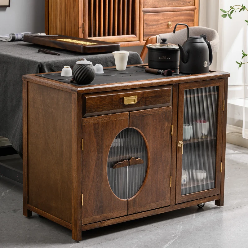 

Walnut tea table household solid wood tea cabinet kettle integrated new Chinese living room mobile coffee table