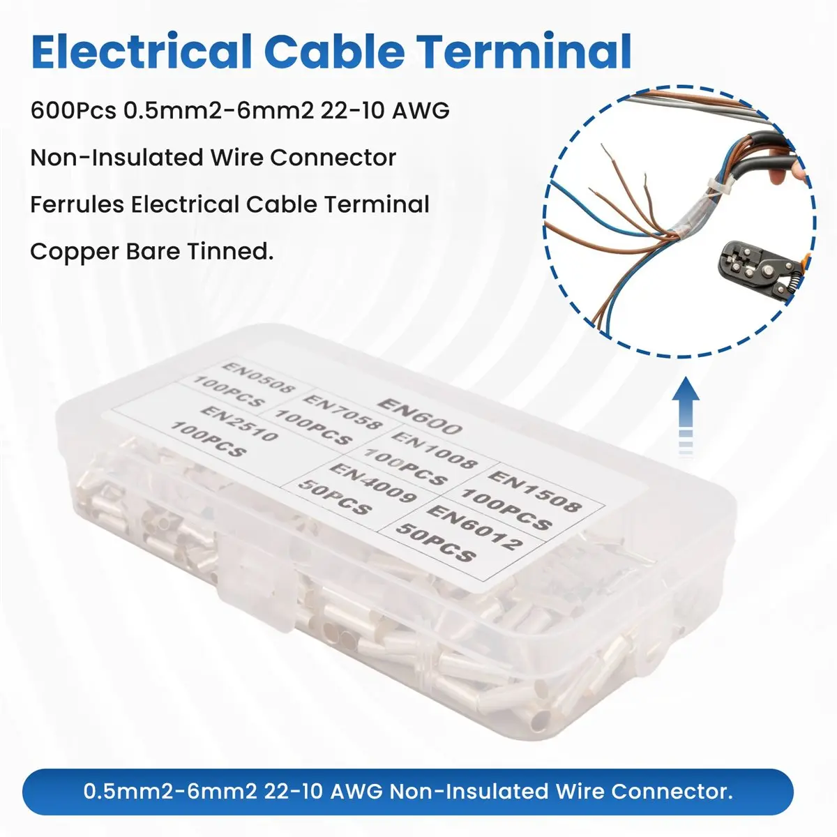 feelfeel 600Pcs 0.5mm2-6mm2 22-10 AWG Non-Insulated Wire Connector Ferrules Electrical Cable Terminal Copper Bare Tinned