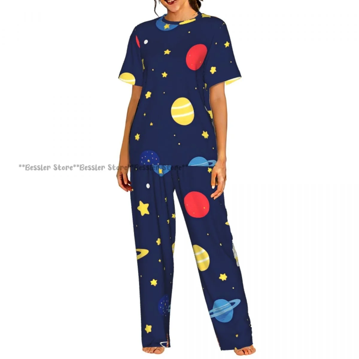 Women Pajama Sets Lounge Sleepwear Colorful Planets And Stars Cute Pattern Short Sleeve Nightwear
