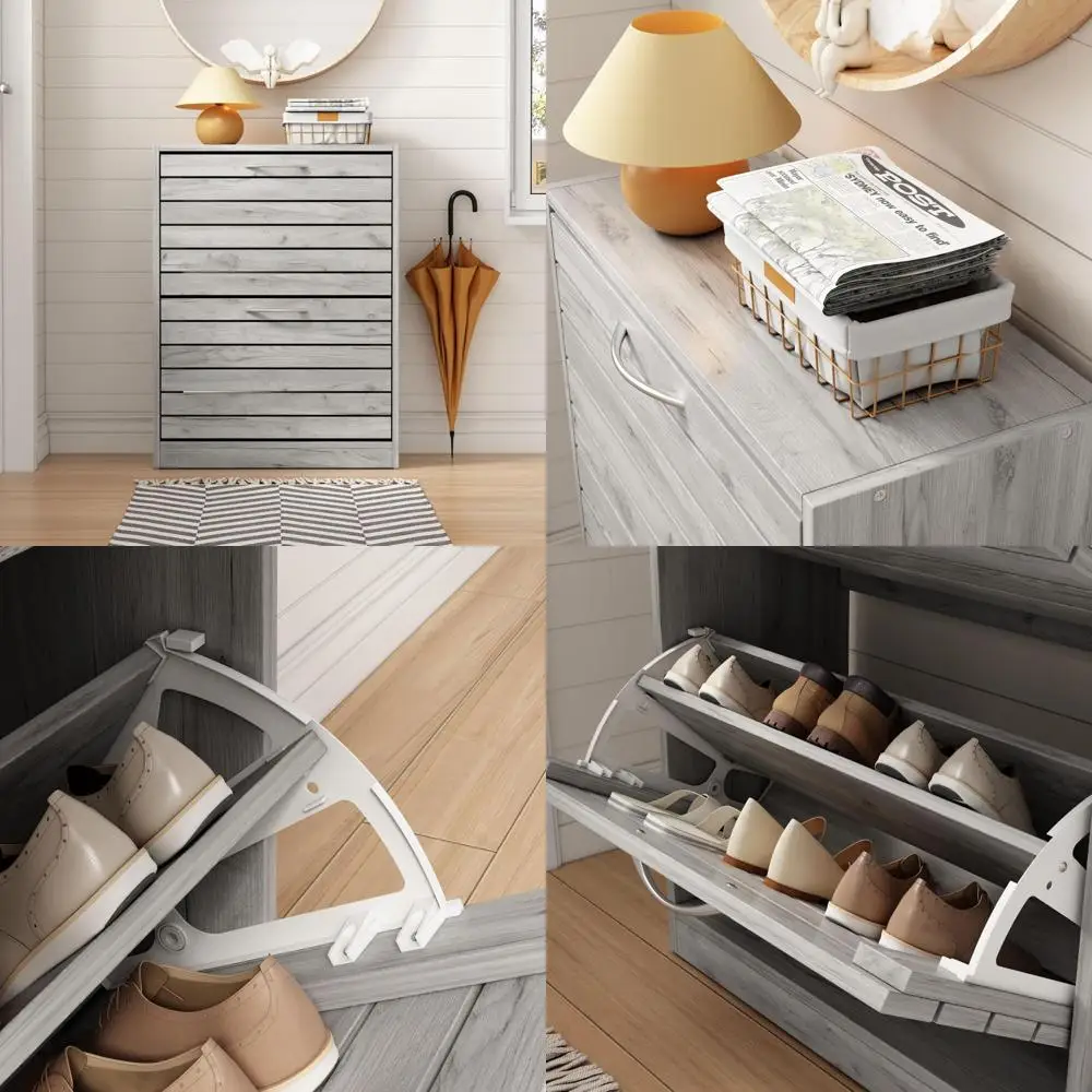 

Grey Wood-Grain Shoe Cabinet with 2 Adjustable Shelves and Flip Drawers, 22.4W x 9.4D x 29.5H, for Narrow Entryway Storage