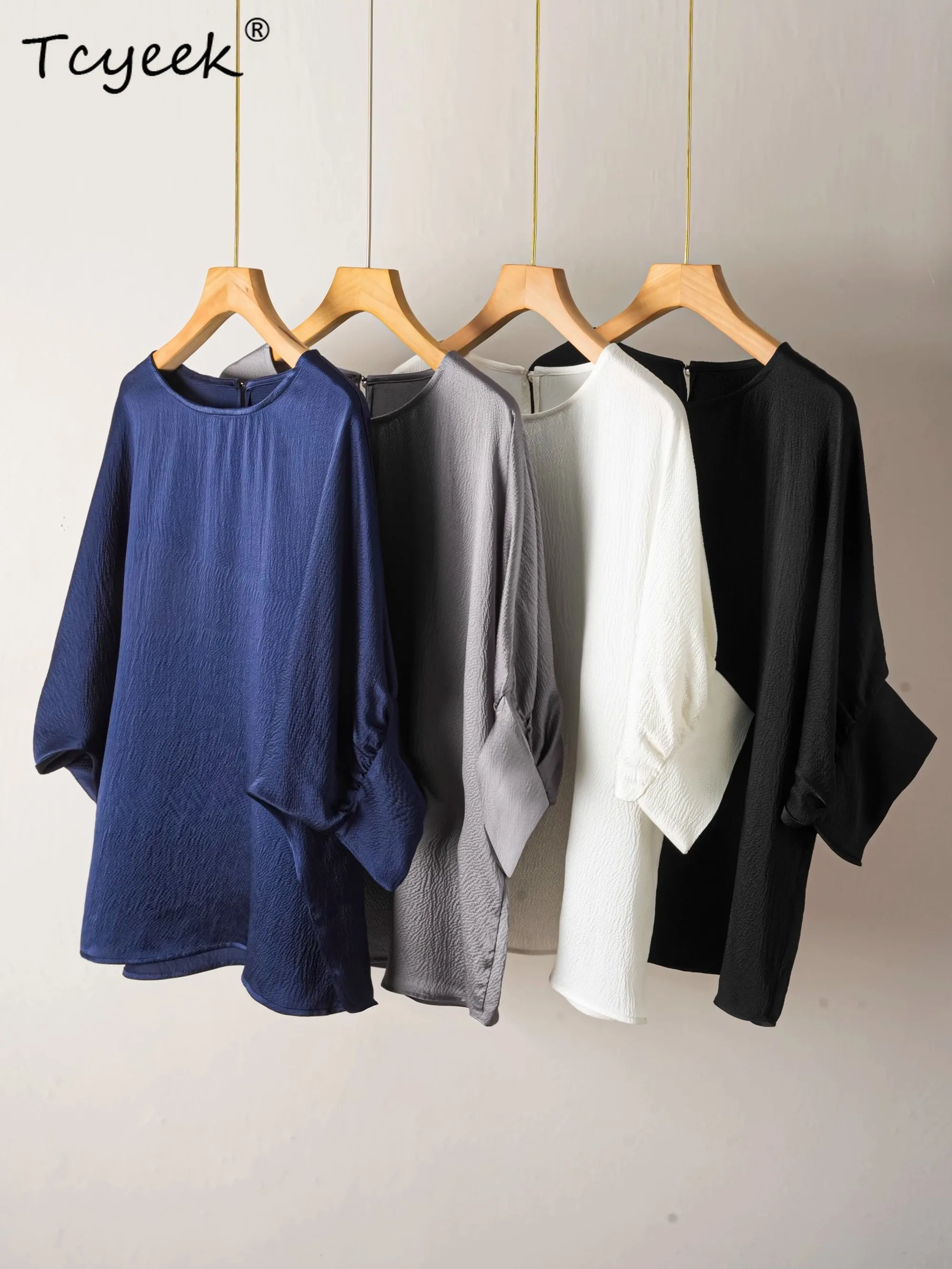 Tcyeek 100% 멀 베리 실크 봄 여름 라운드 넥 박쥐 7 쿼터 슬리브 솔리드 컬러 스트레이트 튜브 여성 티셔츠 Топ Женский