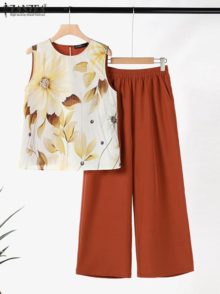 ZANZEA Summer Bohemian Women Matching Sets Elegant 2pcs Suits 2025 Elastic Waist Pant Sets Casual Loose Printing Tanks Outfits