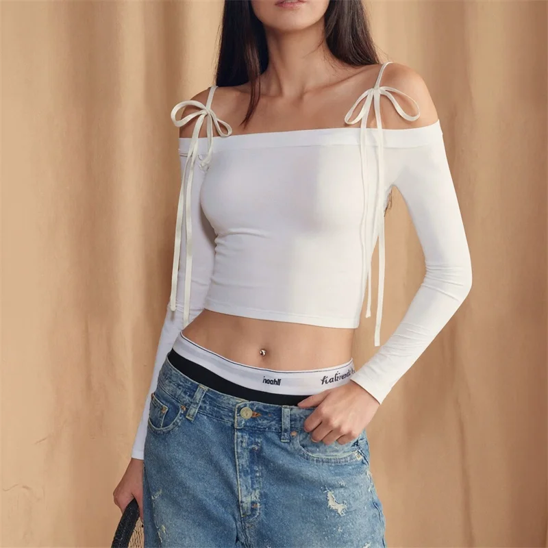 

Off The Shoulder Midriff-Baring Women's Autumn Tops Long Sleeeve Sheath Slim Leotard Elegant White Backless Party Skirt Newest