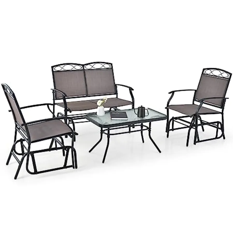 

Giantex 4 PCS Outdoor Glider Chairs Set - Patio Furniture Set with Tempered Glass Table Heavy-Duty Metal Frame Gliding Rocking