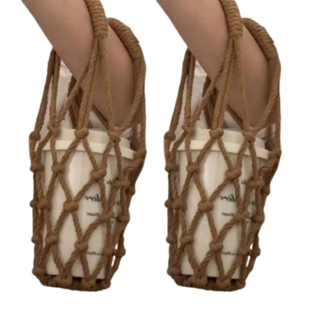 

2Pcs Woven Water Bottle Bags Hollow Out Portable Water Cup Mesh Bag Visible Double Handle Crochet Cup Holder Umbrella Storage