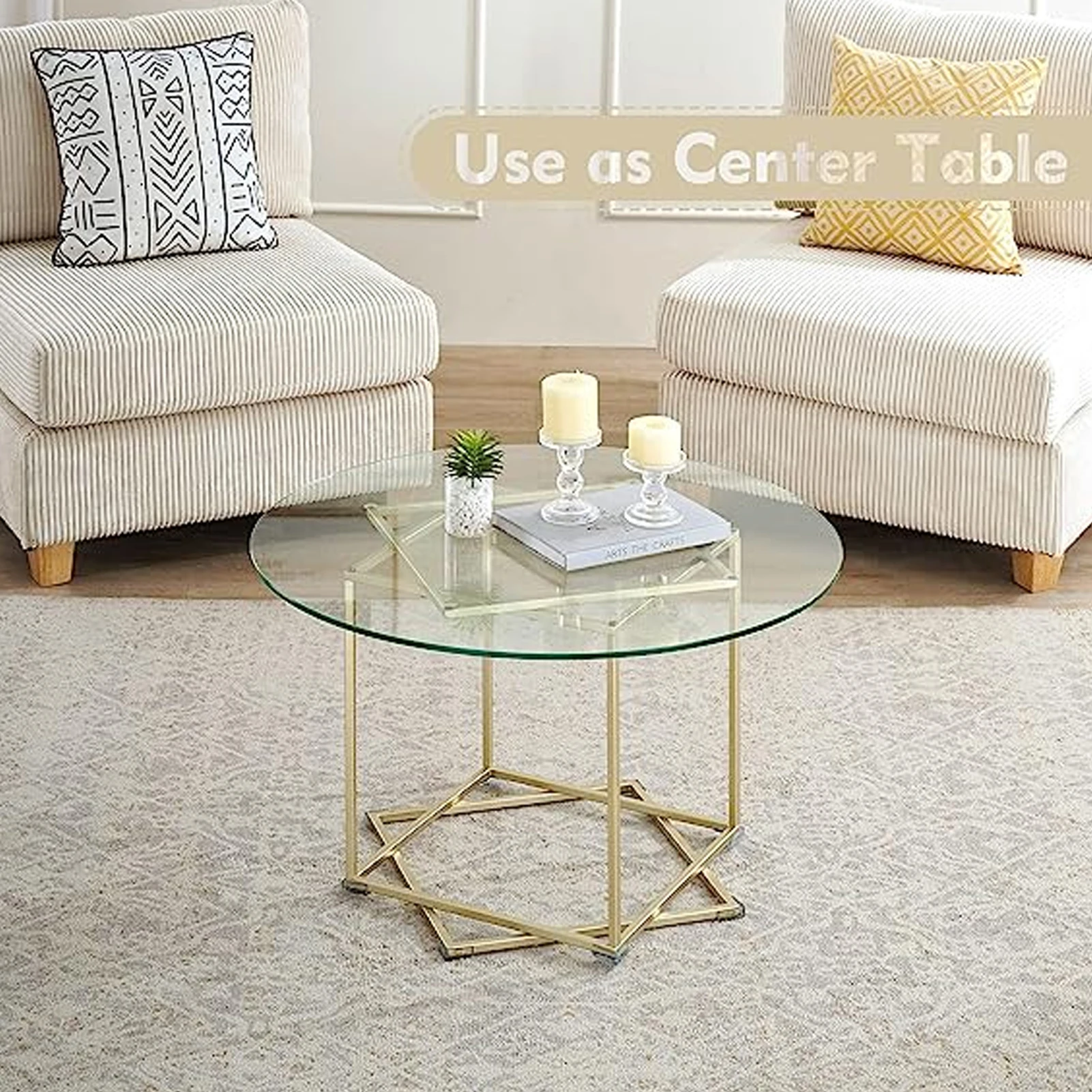 [Flash Sale]Round Glass Top Coffee Table with Gold Metal Frame Accent Cocktail Table for Home Office Decor[US-Stock]