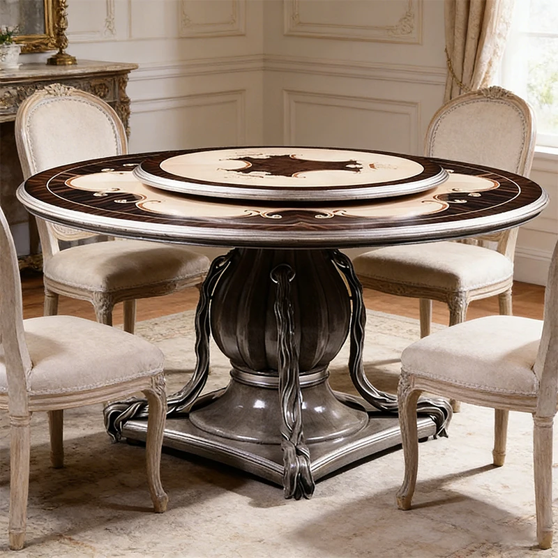 !@Royal French Style Home Villa Dining Room Table Set Solid Wood Carving Base Rotating Luxury Dinning Table 6 Seater