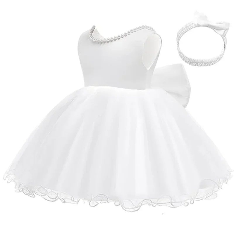 Baby White Christening dresses and Headband Elegant Dress for Girls Birthday Party Lace Princess Dress Formal baptism Gown