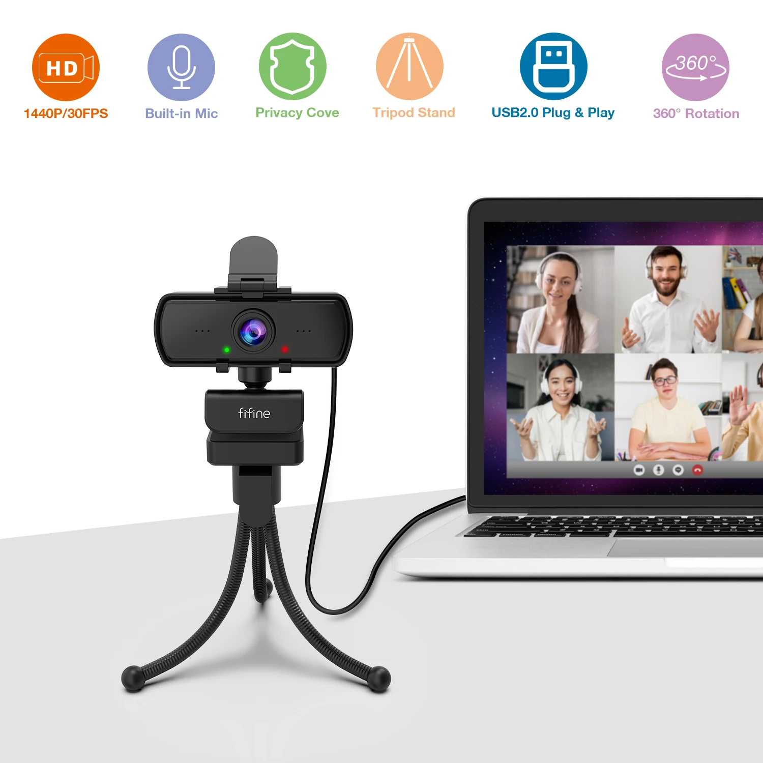 FIFINE 1440p Full HD PC Webcam with Microphone, tripod, for USB Desktop & Laptop,Live Streaming Webcam for Video Calling-K420