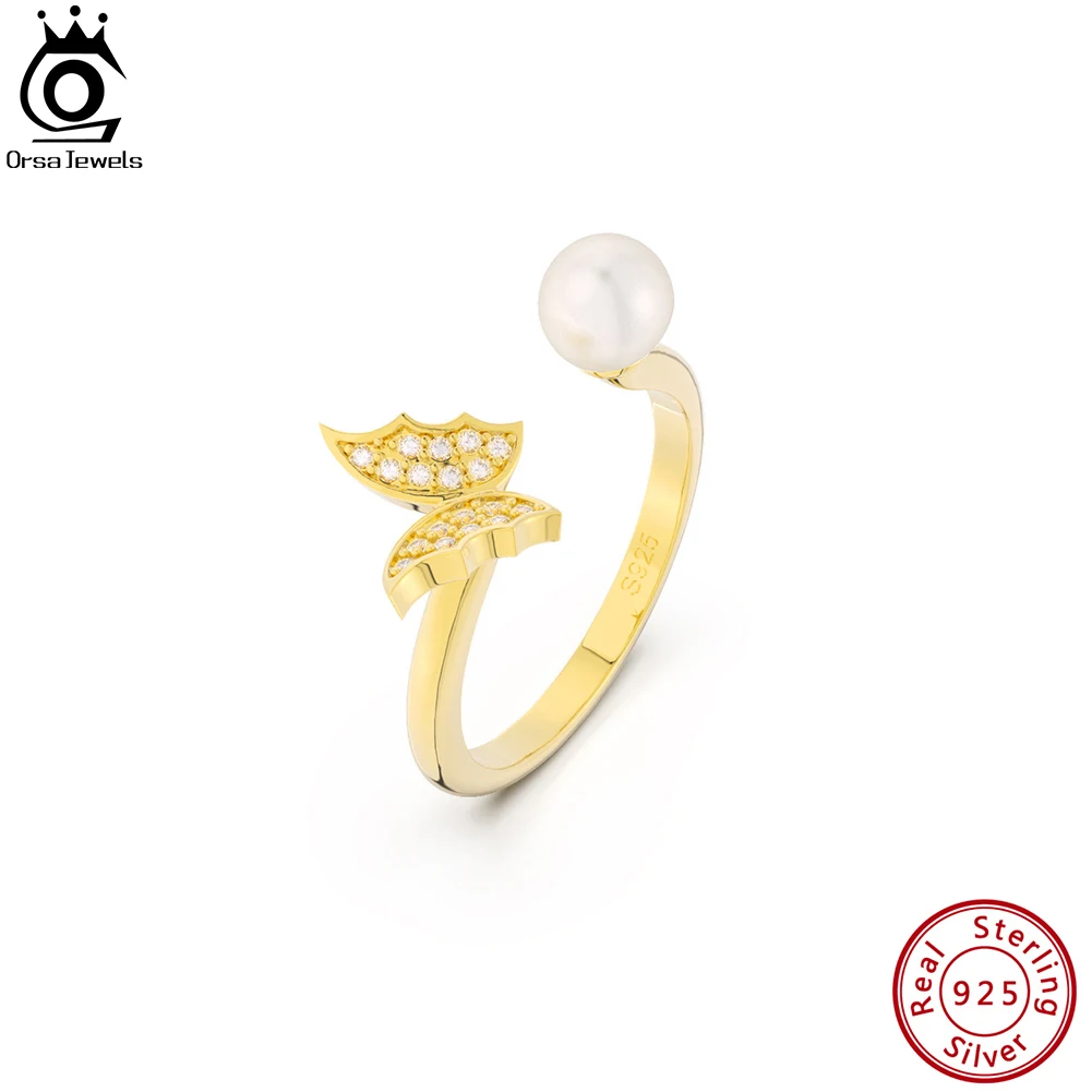 

ORSA JEWELS Butterfly Pearl Adjustable Ring 925 Sterling Silver Luxury Quality Pearl Opening Ring for Women Fine Jewelry GPR14
