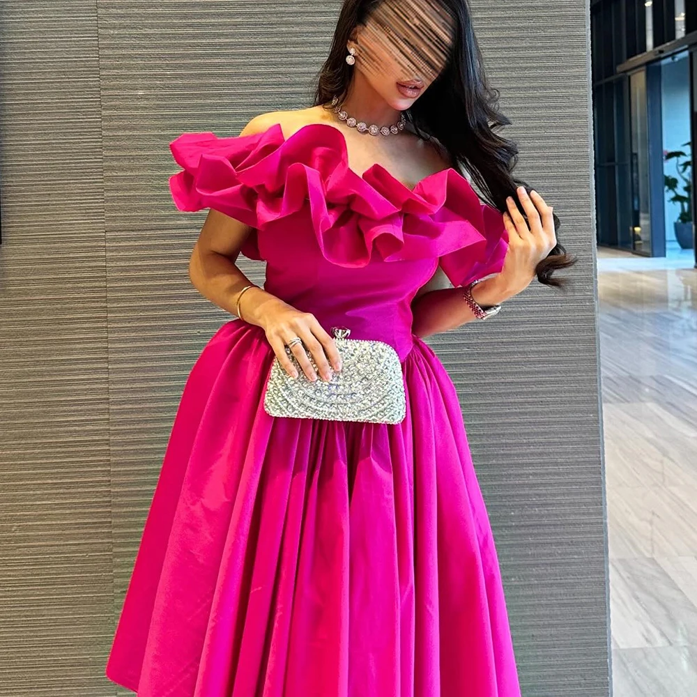 Customized Exquisite Pleat Ruffles Boat Neck Tea Length A-Line Prom Gowns Satin Custom Made Off the Shoulder Girdling Draped فسا